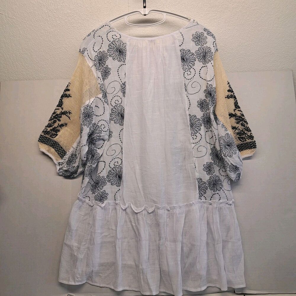 Umgee Women's S Boho Embroidered Gather Sleeve Swing Dress Shift Tunic - Picture 2 of 7